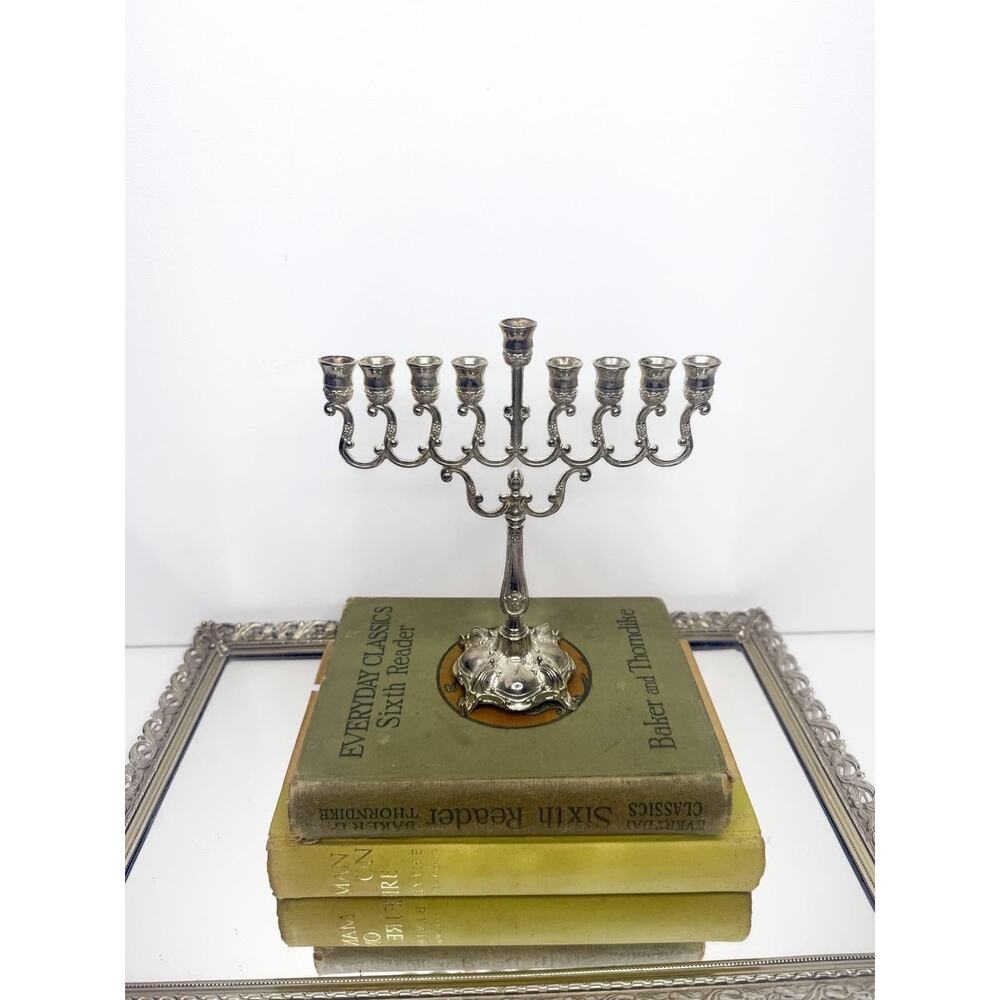 Vintage Silver Plate 9 Branch Menorah Jerusalem Temple Candle holder 8”